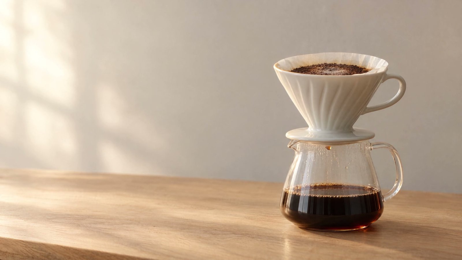 La jarra de vidrio llena de café recién filtrado sobre la barra