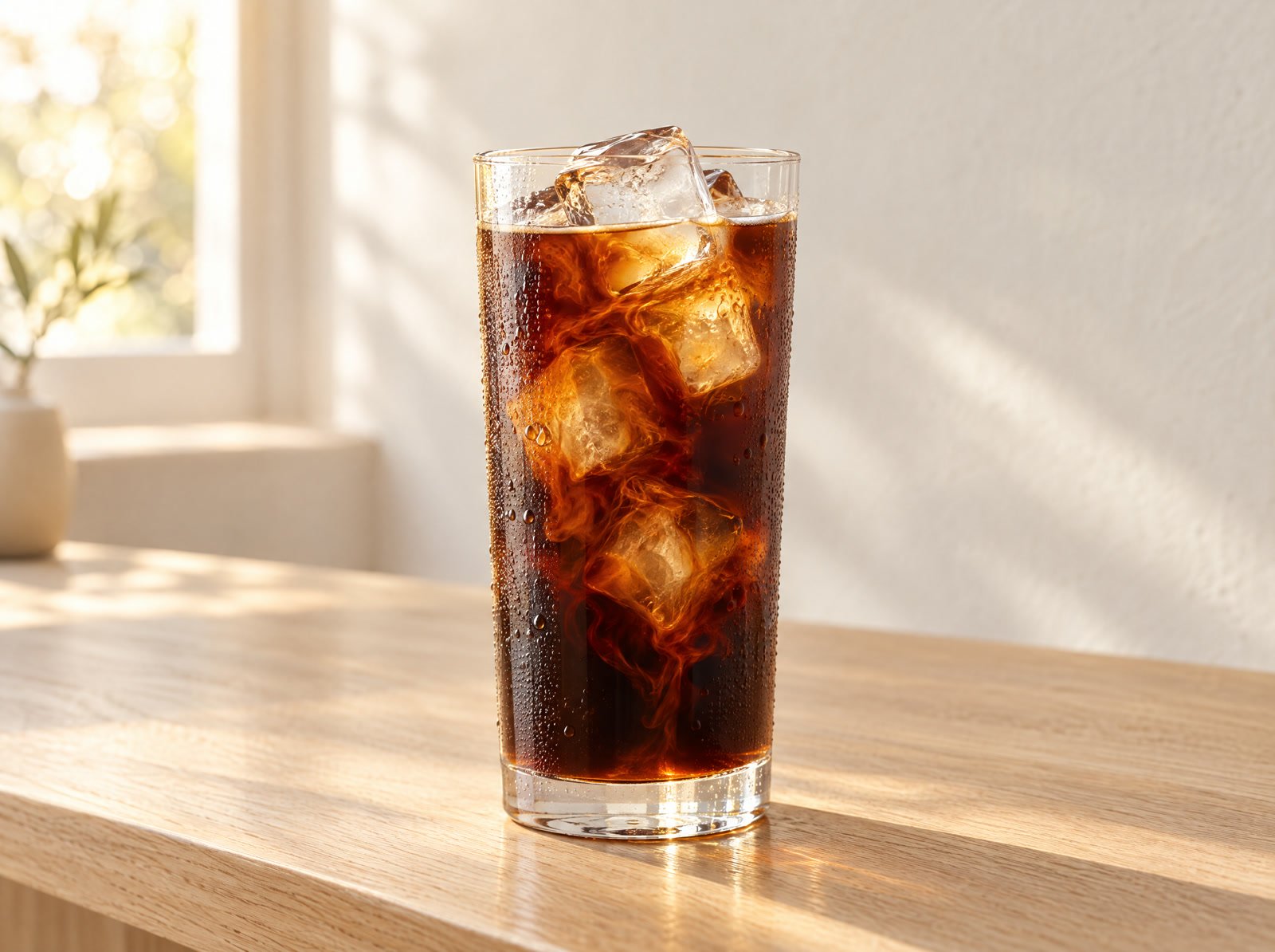 Un vaso de cold brew con hielo transparente sobre la barra