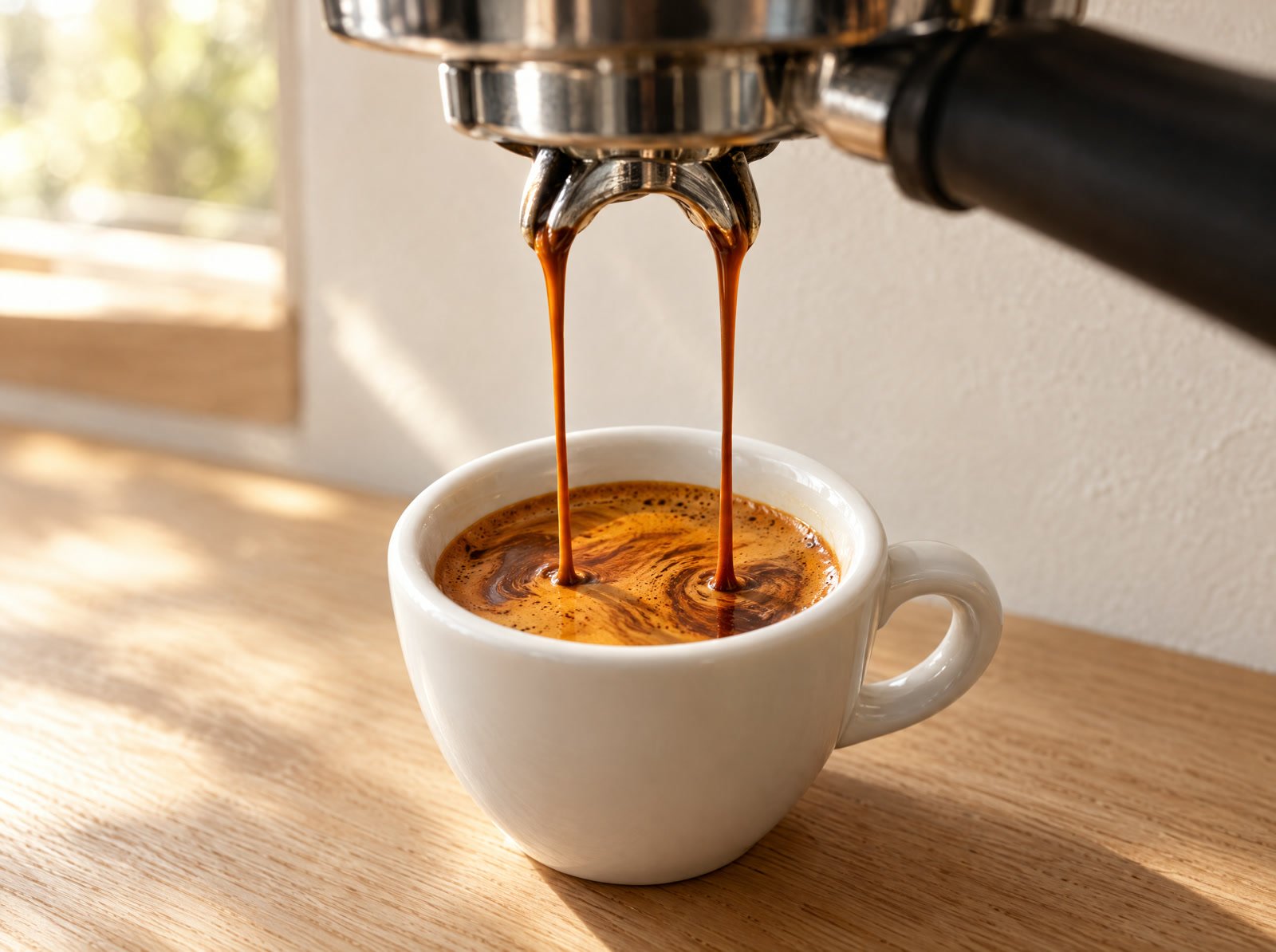 Un espresso con crema densa cayendo en una taza pequeña